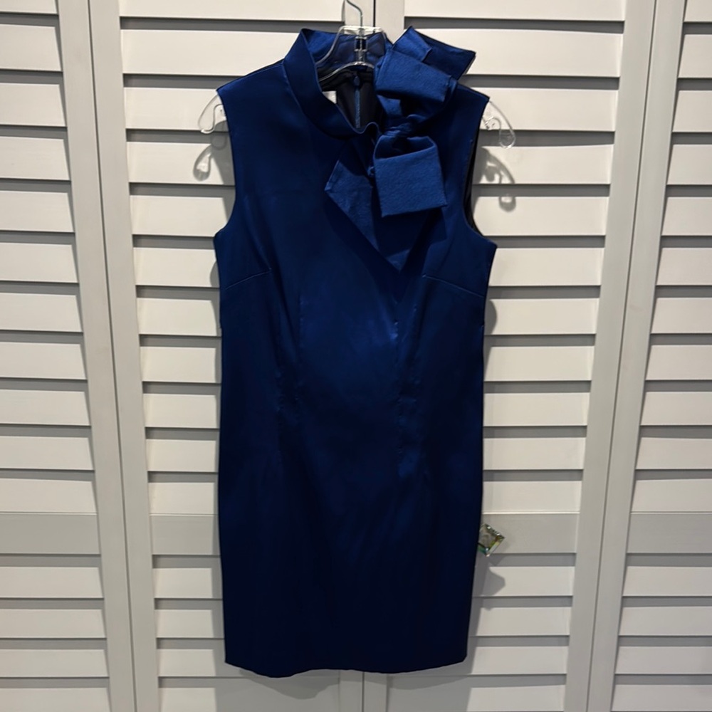 Sara Campbell Blue accent Tie Front Sheath lined Midi Dress